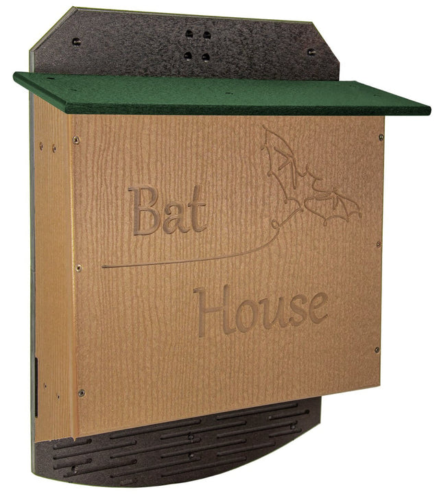 JCS Wildlife Recycled Poly Lumber 3 Chamber Bat House with engraved bat design and green roof
