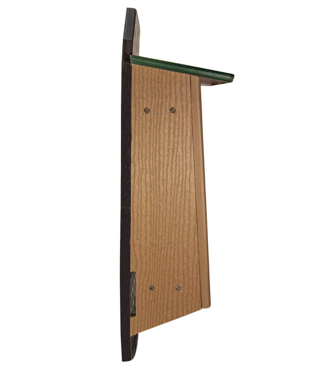 Side view of JCS Wildlife Recycled Poly Lumber 3 Chamber Bat House for nocturnal bat habitation and eco-friendly garden enhancement
