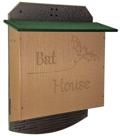 JCS Wildlife Recycled Poly Lumber 3 Chamber Bat House with carved bat design on wooden front panel and green roof