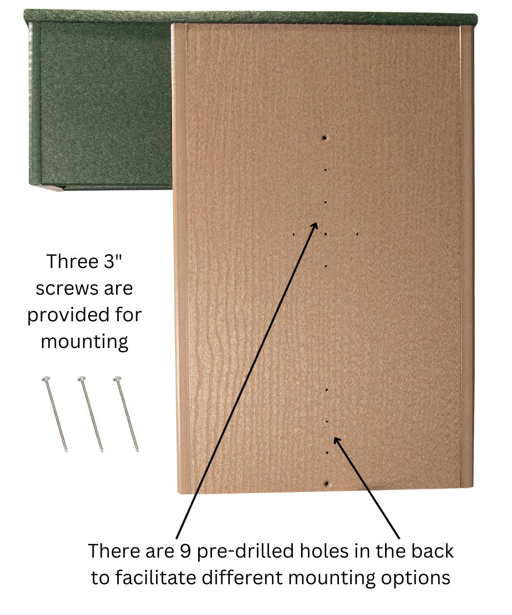 JCS Wildlife Recycled Poly Lumber Possum House with pre-drilled holes and three 3-inch screws for mounting options.