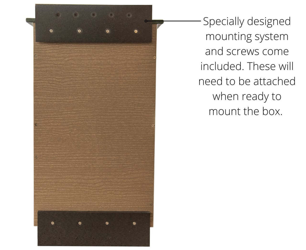 JCS Wildlife Recycled Poly Lumber Barred Owl Nesting Box mount with included screws for easy installation.