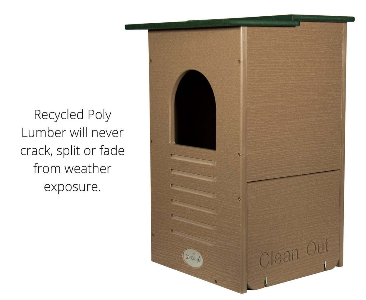JCS Wildlife Recycled Poly Lumber Barred Owl Nesting Box with clean out feature and weather-resistant design.