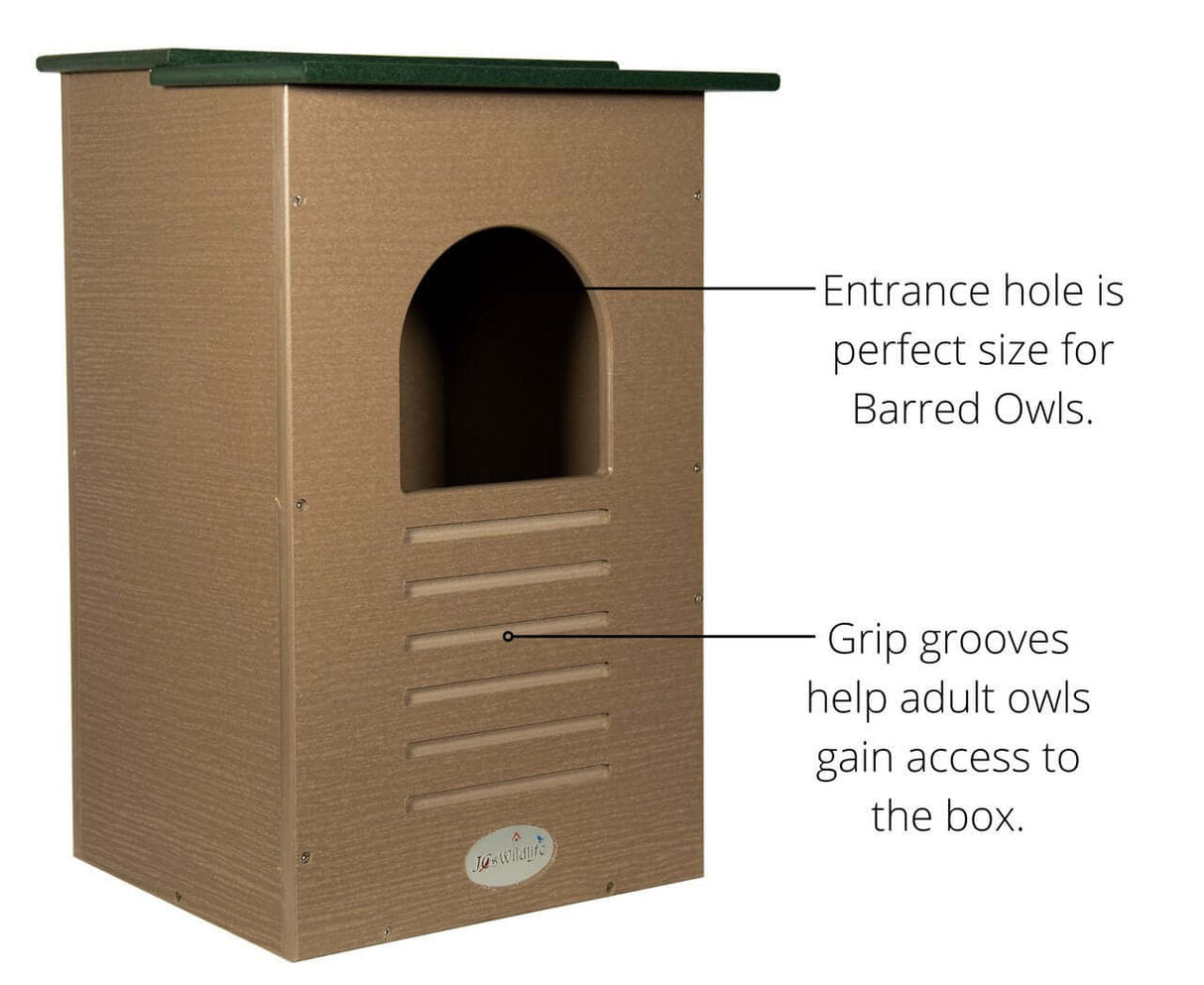 JCS Wildlife Recycled Poly Lumber Barred Owl Nesting Box with entrance hole and grip grooves.
