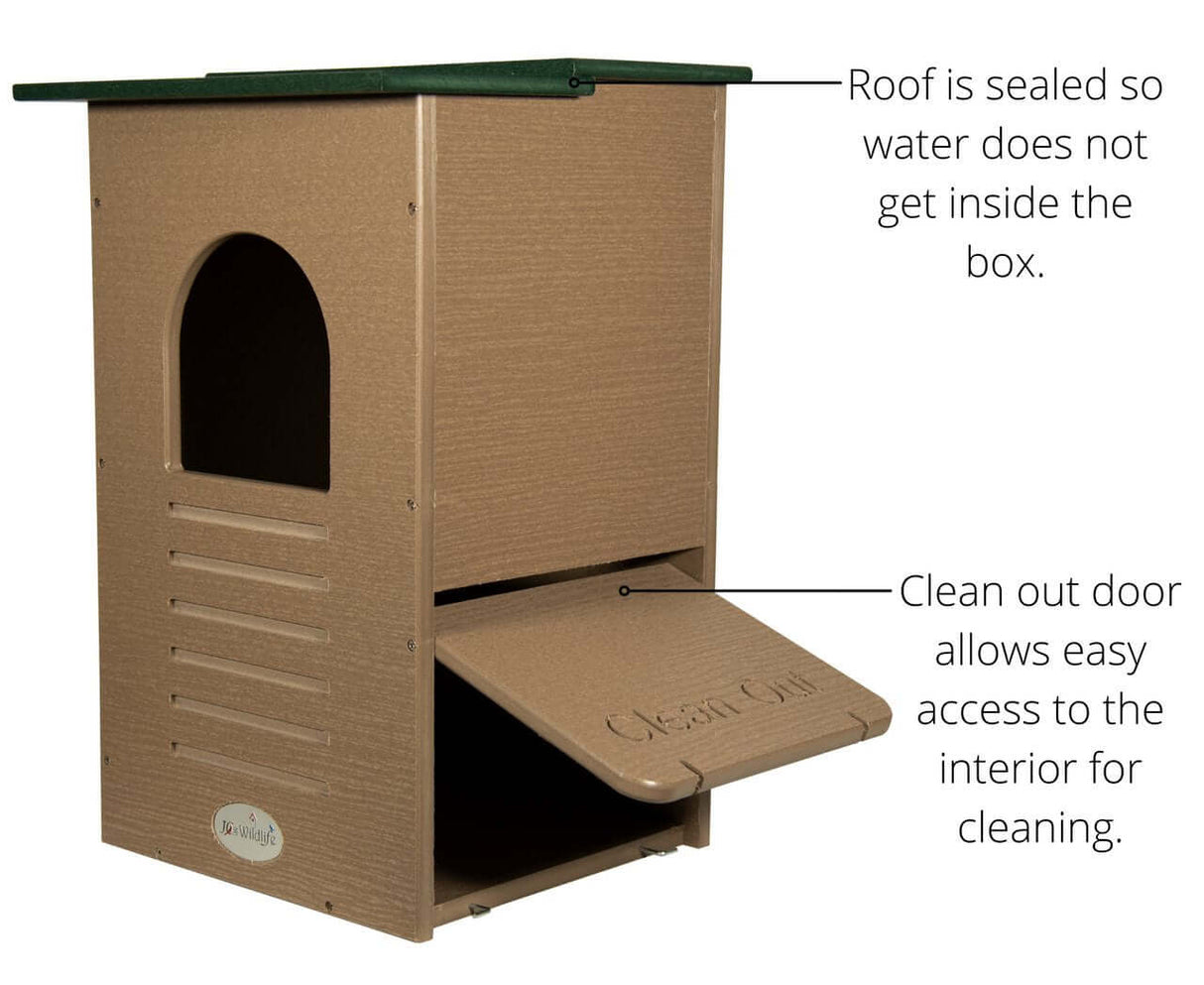 JCS Wildlife Recycled Poly Lumber Barred Owl Nesting Box featuring sealed roof and easy-access clean out door.