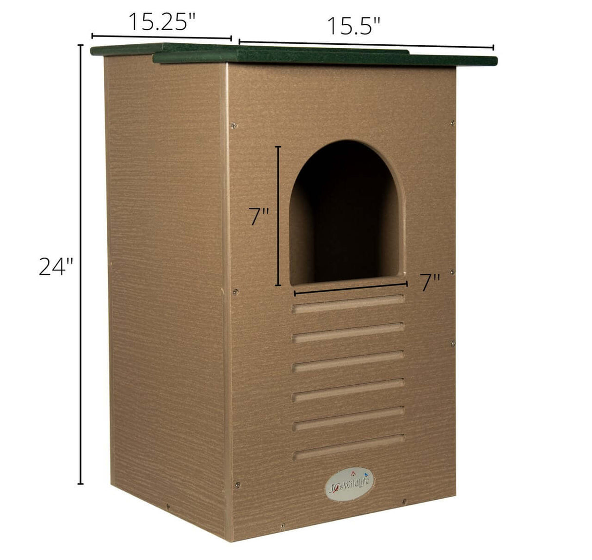 JCS Wildlife Recycled Poly Lumber Barred Owl Nesting Box with 7-inch entrance hole and overhanging roof dimensions.