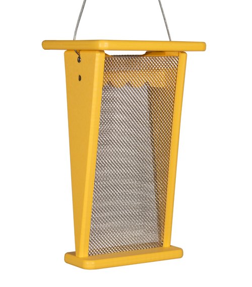 JCS Wildlife Recycled Poly Lumber Goldfinch Thistle Nyjer Feeder in bright yellow, 5 cup capacity, eco-friendly bird feeder.