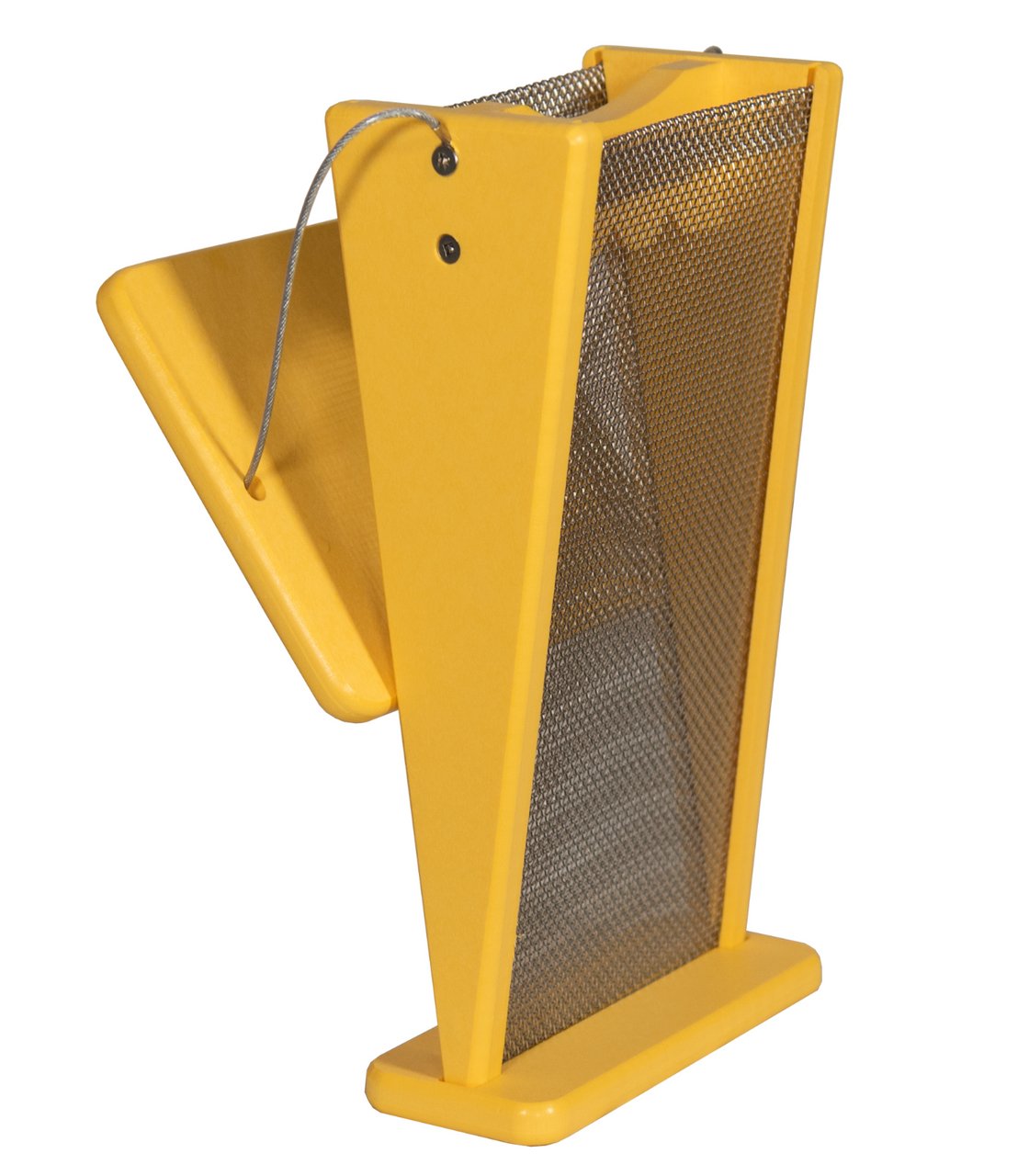 Yellow recycled poly lumber thistle Nyjer feeder for goldfinches with mesh sides and protective roof