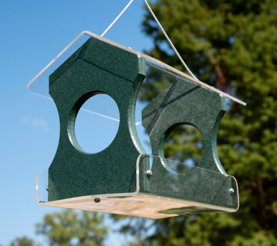JCS Wildlife Recycled Poly Lumber Hanging Bird Feeder in vibrant green color with clear sides in a natural outdoor setting