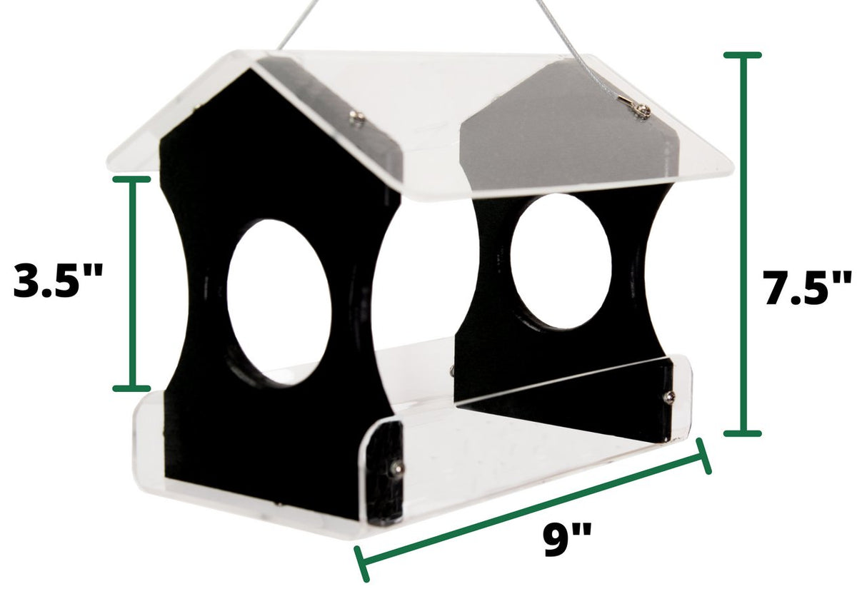 JCS Wildlife Recycled Poly Lumber Hanging Bird Feeder dimensions 9" x 3.5" x 7.5" with black and clear design