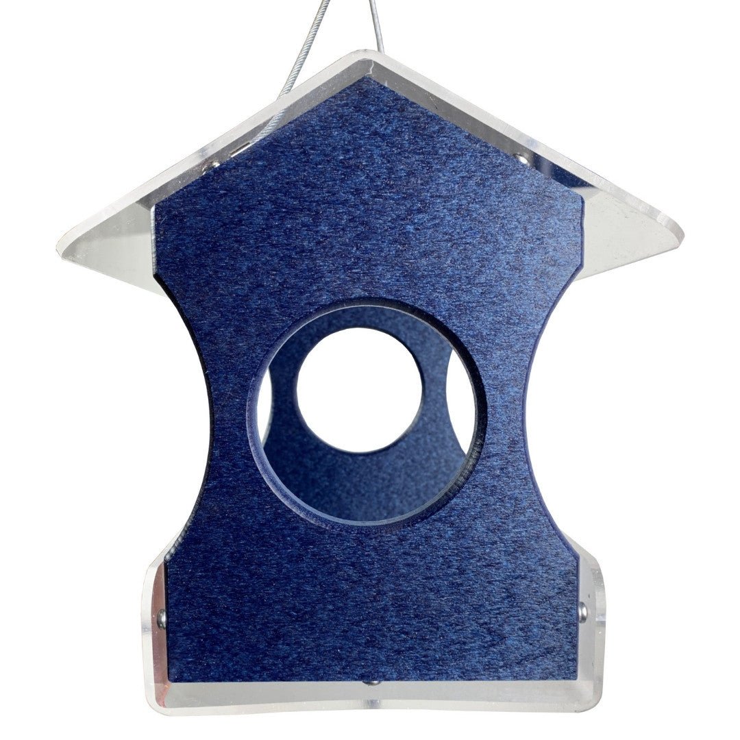 JCS Wildlife Recycled Poly Lumber Hanging Bird Feeder in blue with circular opening for bird access