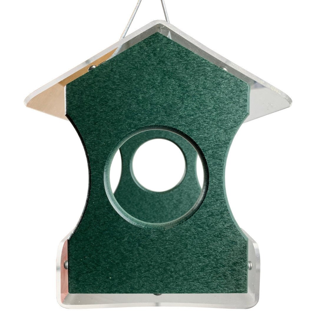 JCS Wildlife Recycled Poly Lumber Hanging Bird Feeder in green with circular openings