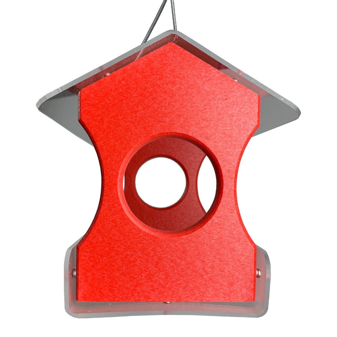 JCS Wildlife Recycled Poly Lumber Hanging Bird Feeder with Red House Design for Cardinals, Bluebirds, Finches, Chickadees, and More