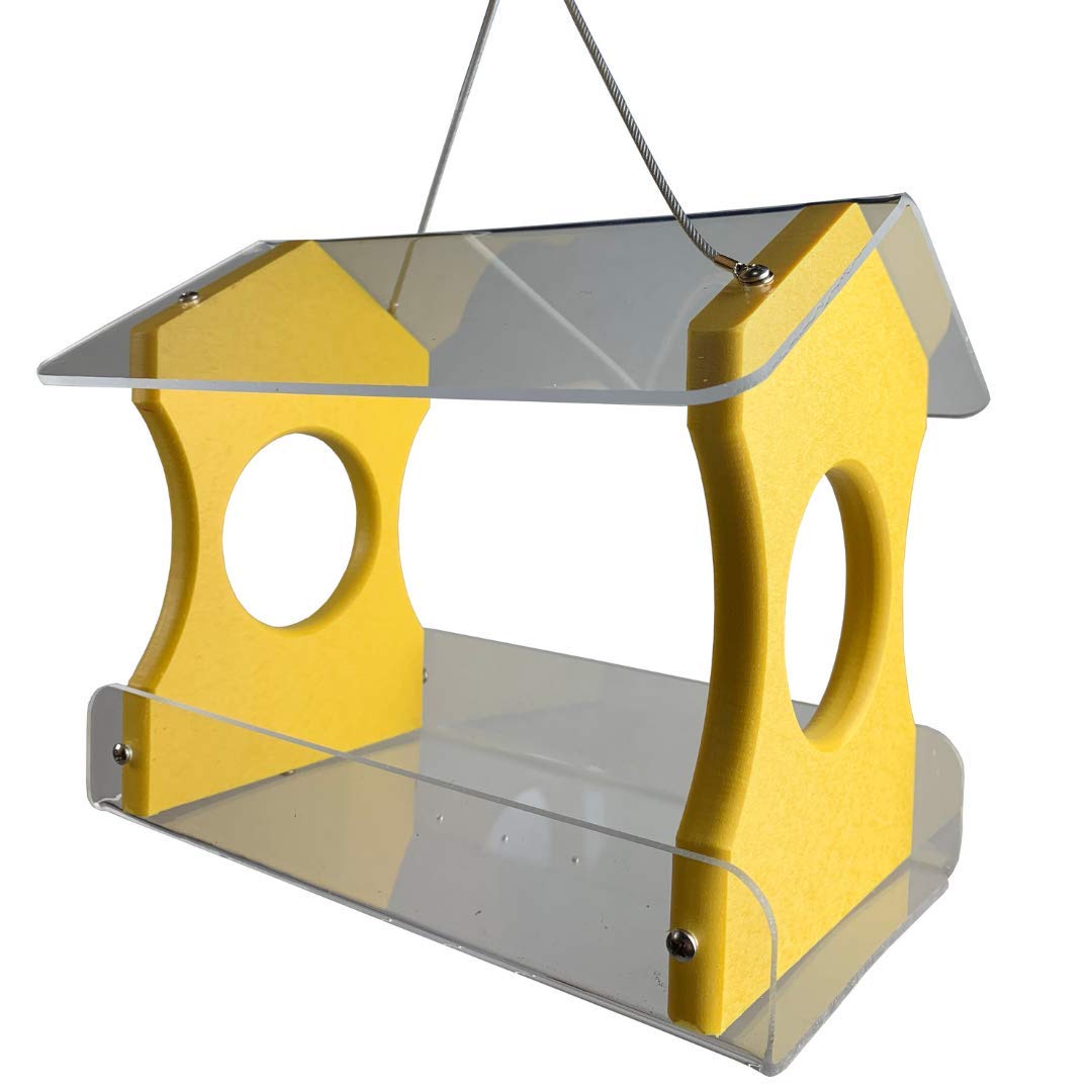 JCS Wildlife Recycled Poly Lumber Hanging Bird Feeder in bright yellow color with clear sides for 3 cups of seed.