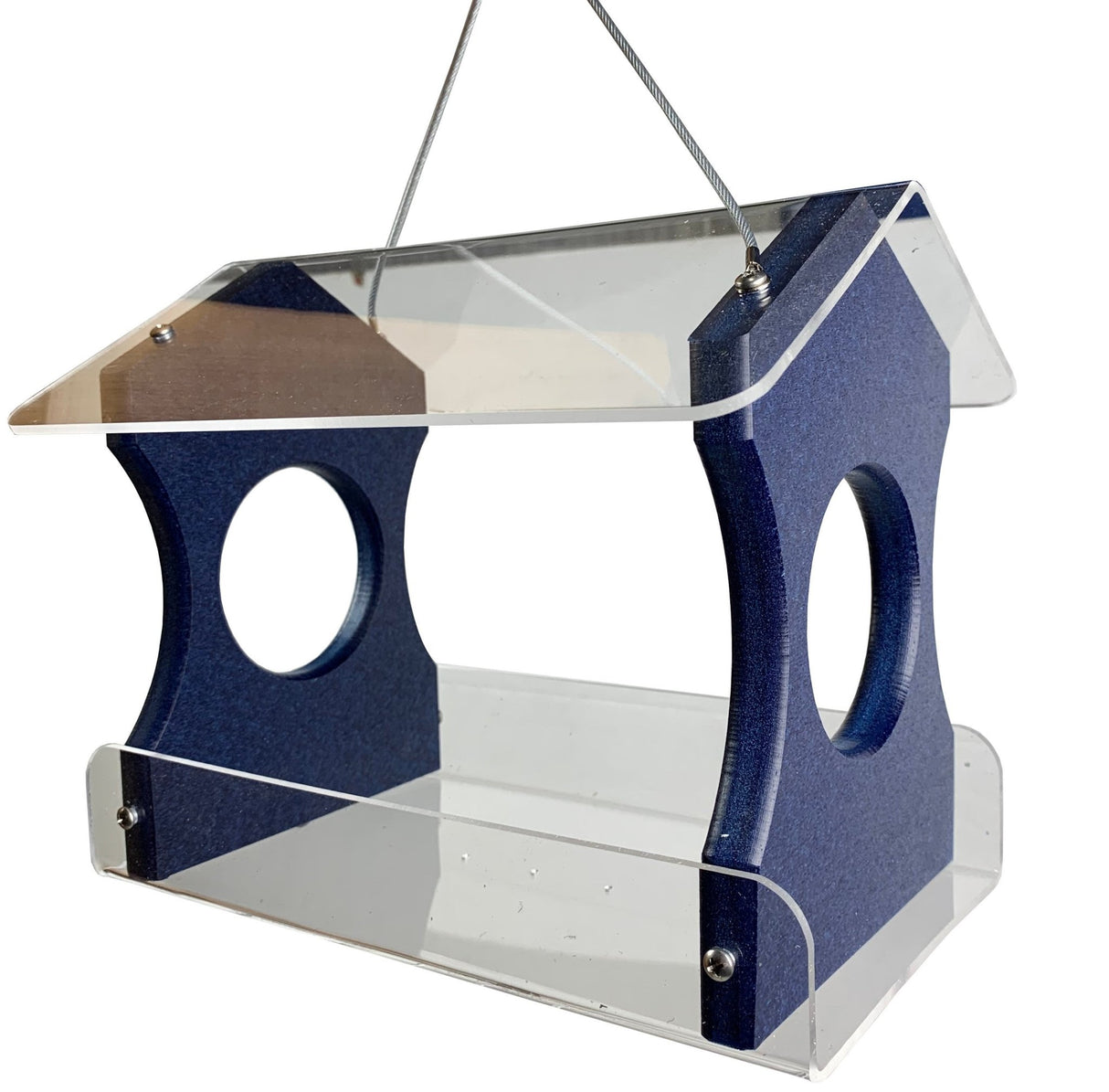 JCS Wildlife Recycled Poly Lumber Hanging Bird Feeder with vibrant blue color and clear seed compartments