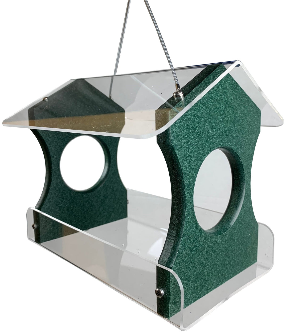 JCS Wildlife recycled poly lumber hanging bird feeder with vibrant green poly lumber and clear design for attracting various birds.