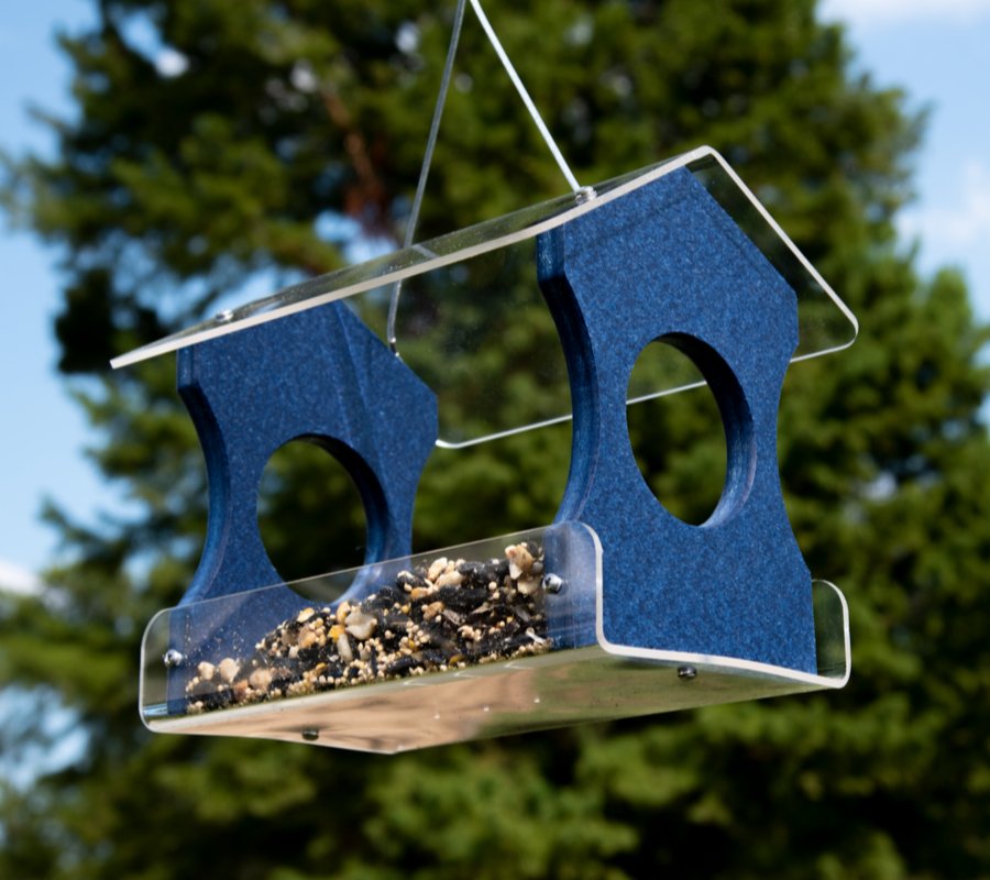 Blue JCS Wildlife Recycled Poly Lumber Hanging Bird Feeder filled with black oil sunflower seed mix against a green tree background.
