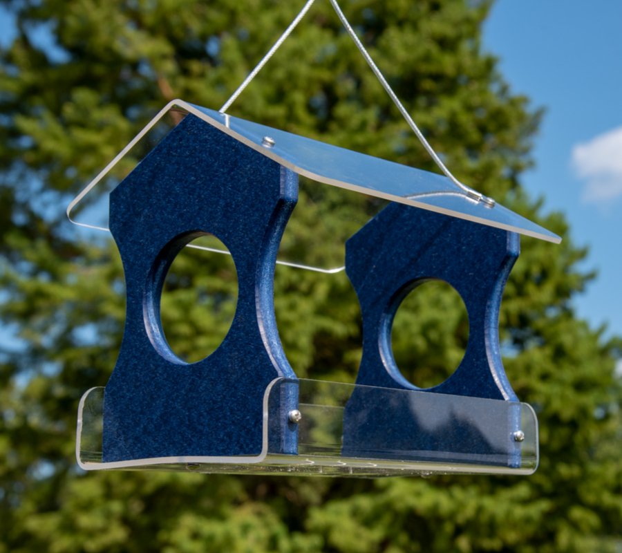JCS Wildlife recycled poly lumber hanging bird feeder in blue with transparent seed tray