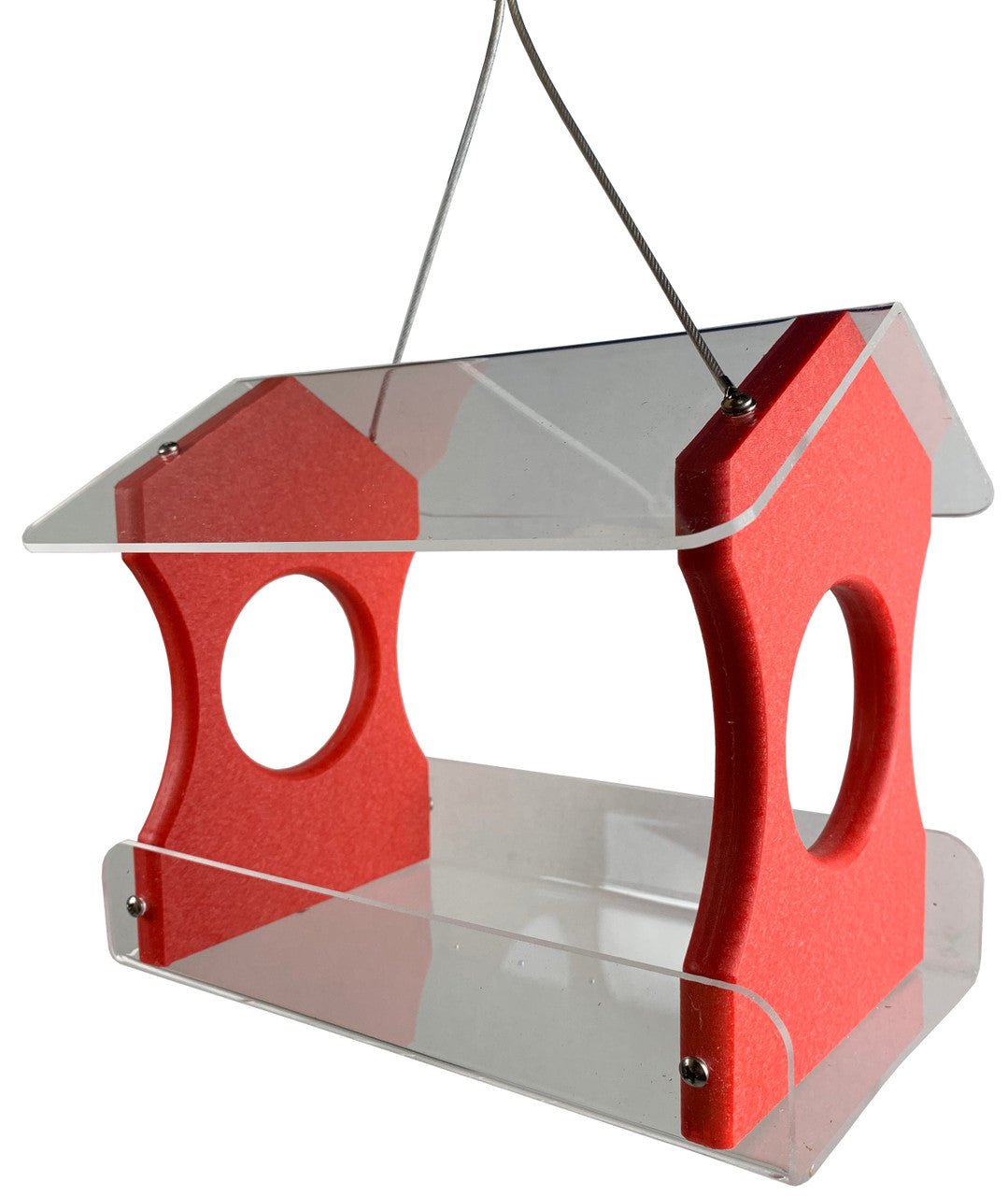 JCS Wildlife Recycled Poly Lumber Hanging Bird Feeder with Transparent Walls and Red Accents