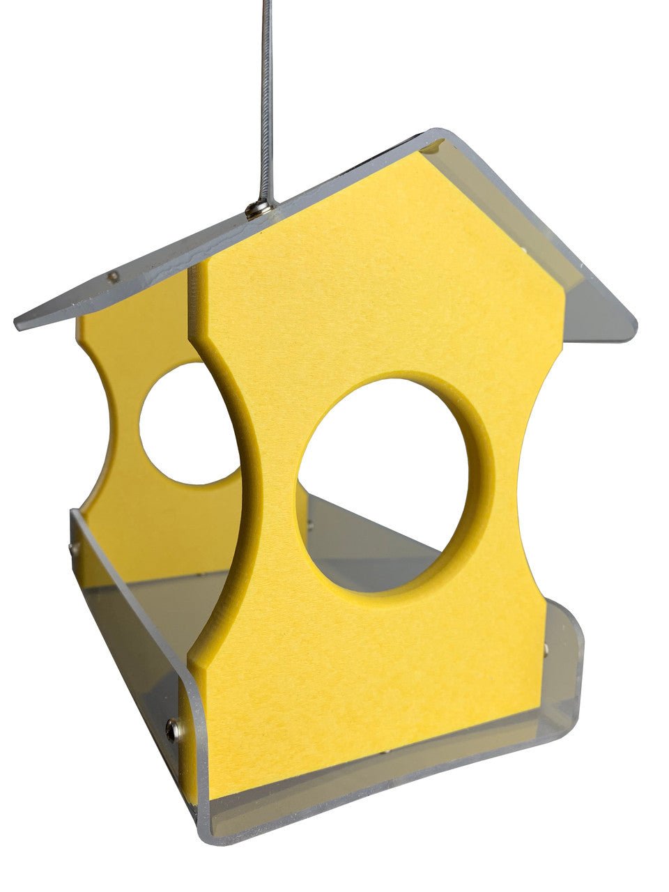 JCS Wildlife Recycled Poly Lumber Hanging Bird Feeder in vibrant yellow with holes for bird access.