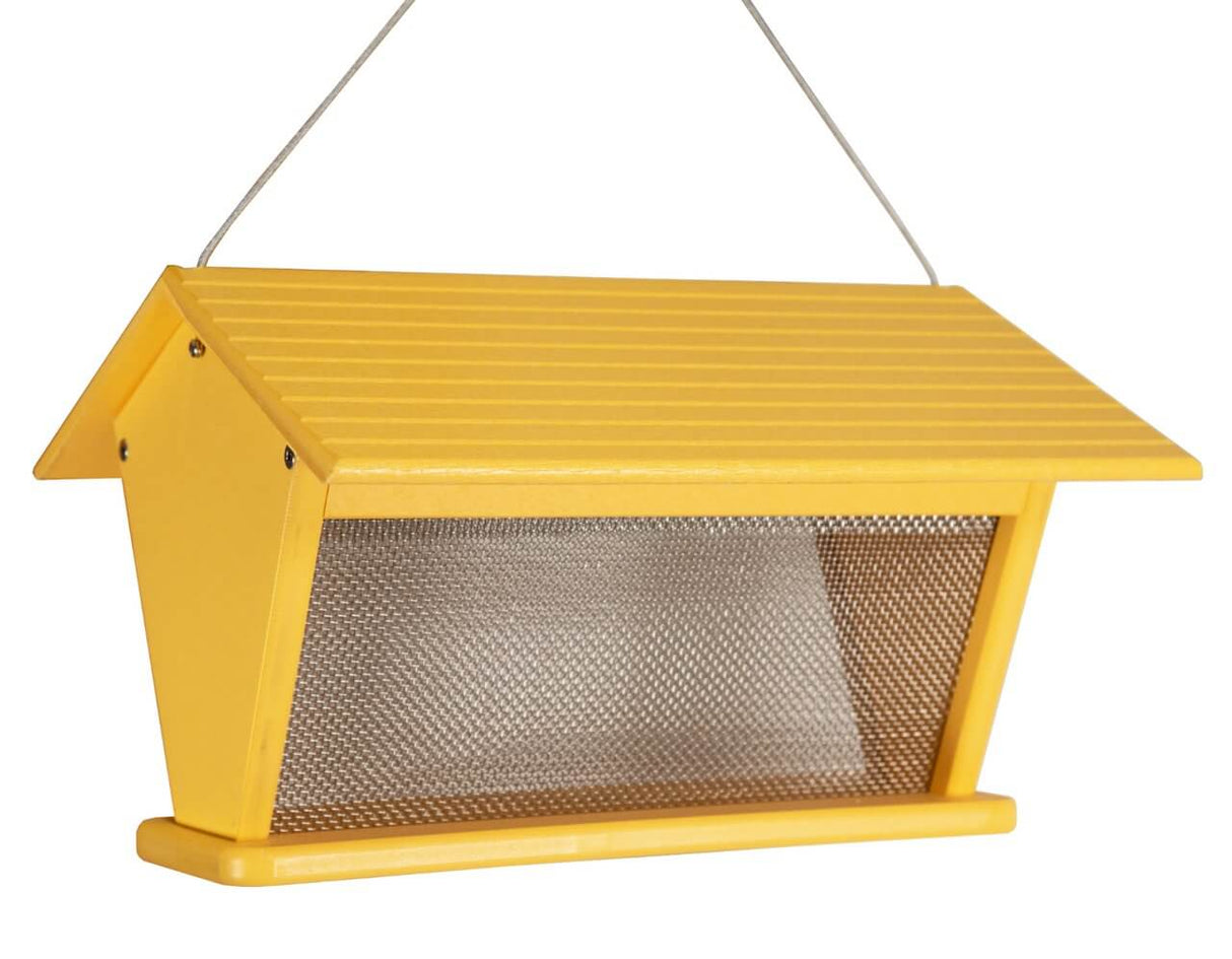 JCS Wildlife Recycled Poly Lumber Horizontal Goldfinch Nyjer Thistle Feeder in yellow with mesh sides for bird feeding.
