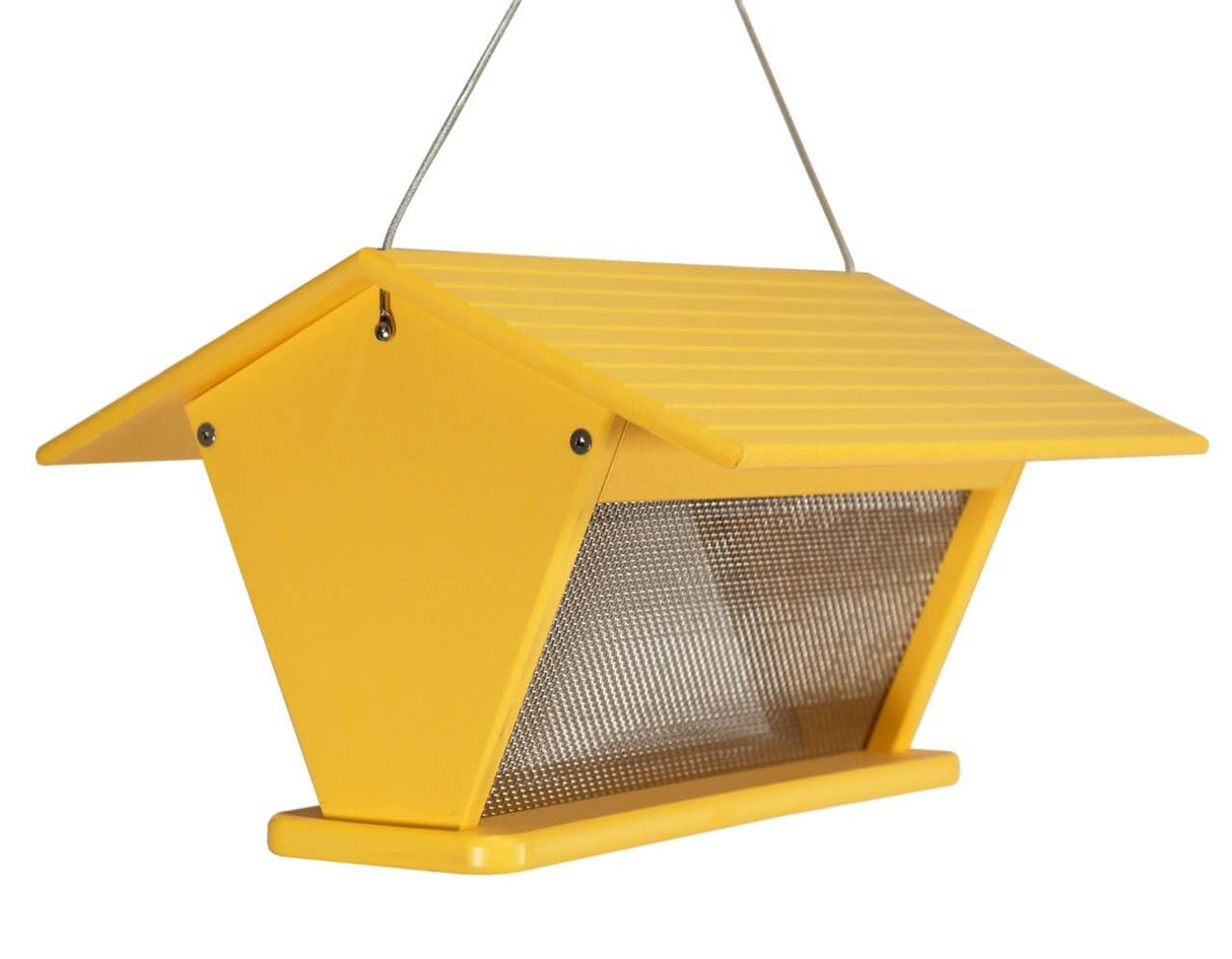 JCS Wildlife Recycled Poly Lumber Horizontal Goldfinch Nyjer Thistle Feeder in bright yellow with mesh bottom.
