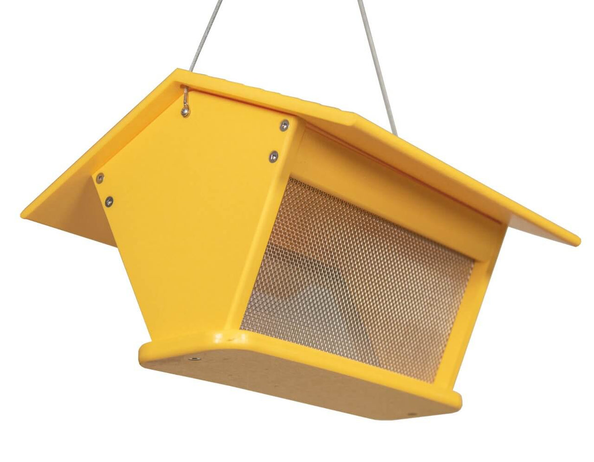 JCS Wildlife Recycled Poly Lumber Horizontal Goldfinch Nyjer Thistle Feeder in yellow with removable roof.