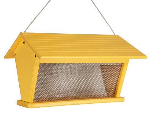 JCS Wildlife Recycled Poly Lumber Horizontal Goldfinch Nyjer Thistle Feeder in bright yellow, perfect for bird enthusiasts.