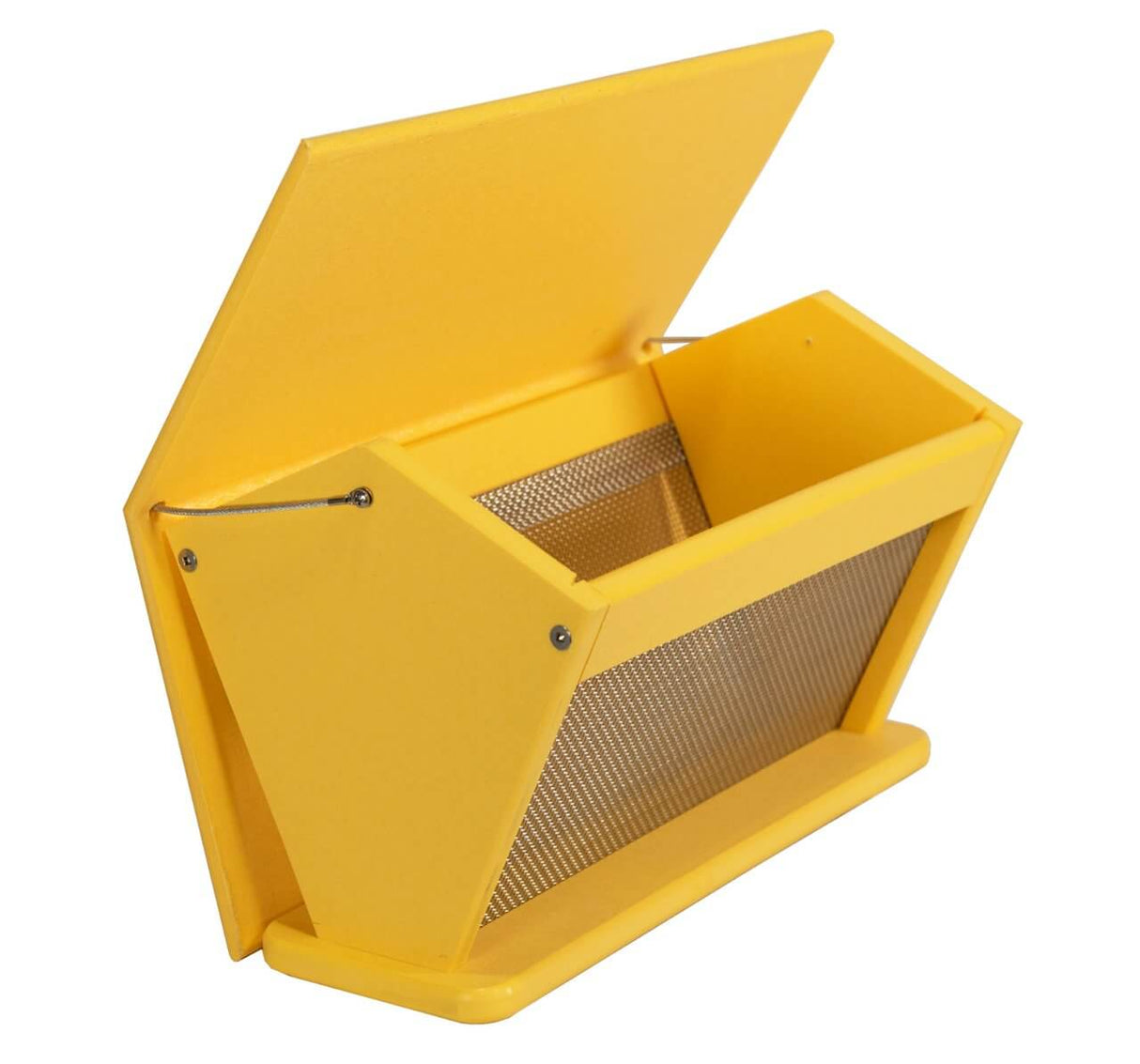 JCS Wildlife Recycled Poly Lumber Goldfinch Feeder in yellow, featuring a removable roof and mesh design for easy seed access.