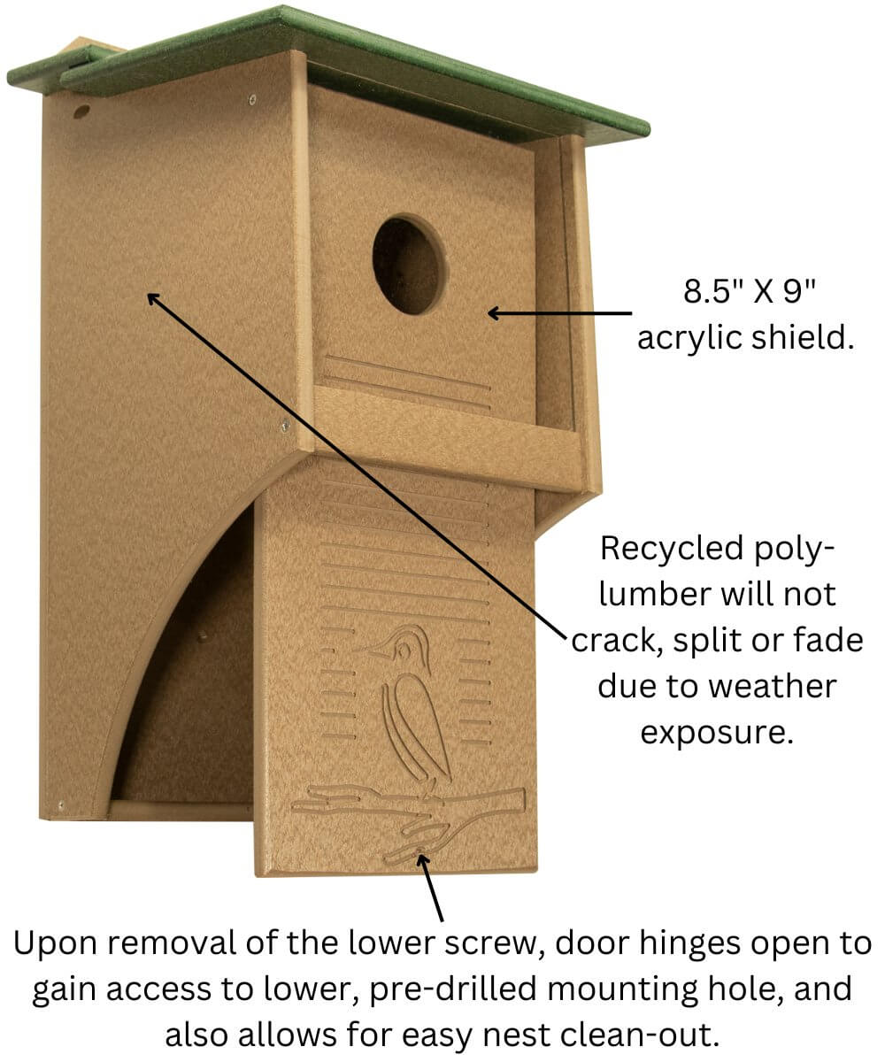 JCS Wildlife Recycled Poly Lumber Northern Flicker House with 8.5"x9" acrylic shield and easy access for cleaning.