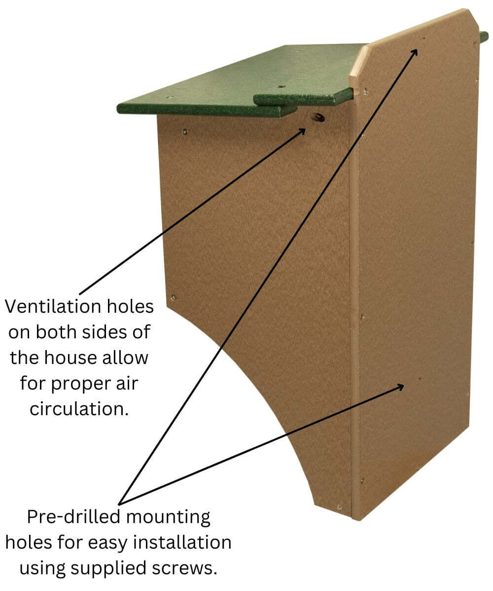 Side view of JCS Wildlife Recycled Poly Lumber Northern Flicker House showing ventilation holes and pre-drilled mounting options.