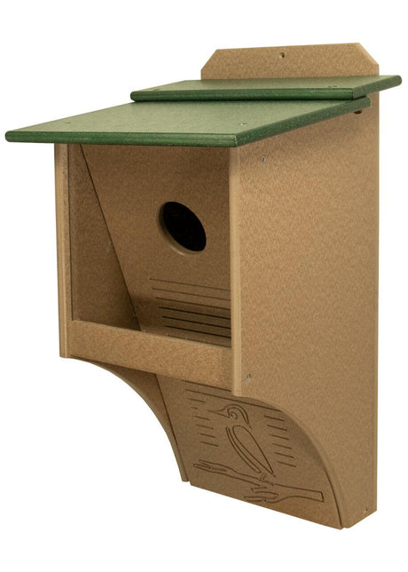 JCS Wildlife Recycled Poly Lumber Northern Flicker House with slanted roof and entrance hole for birdwatching.