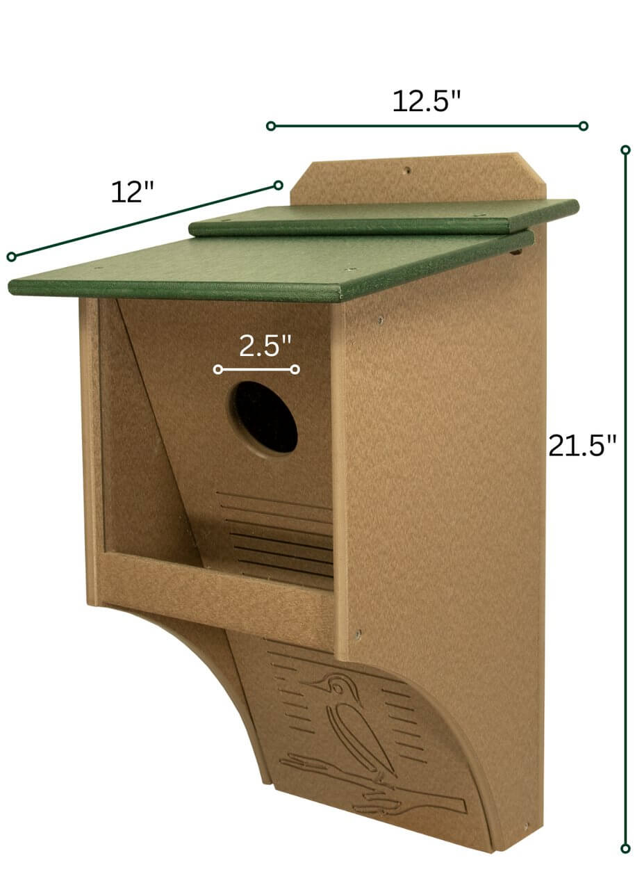 JCS Wildlife Recycled Poly Lumber Northern Flicker House with measurements and a slanted roof design.