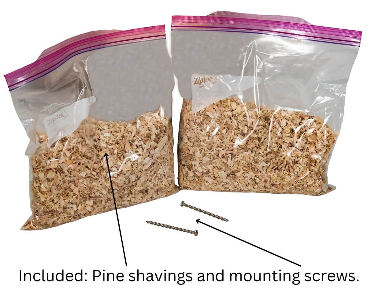 Pine shavings and mounting screws included with JCs Wildlife Recycled Poly Lumber Northern Flicker House.