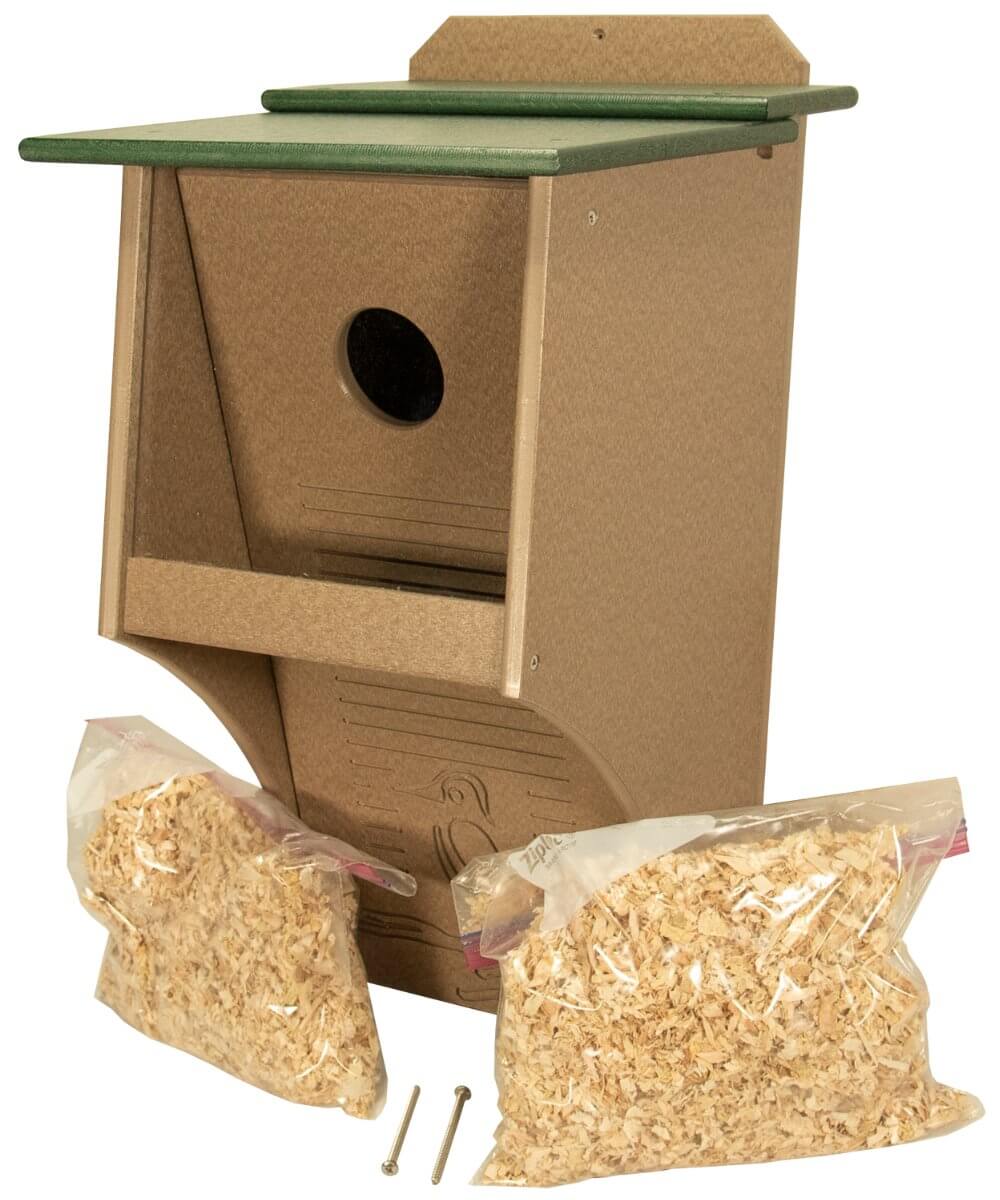 JCS Wildlife Recycled Poly Lumber Northern Flicker House with bags of nesting material and screws.