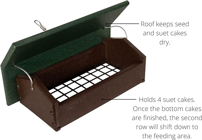 JCS Wildlife Recycled Poly Upside Down Double Suet Feeder with green roof and 4-suet cake capacity. Includes Pine Tree Farms Premium Peanut Suet.