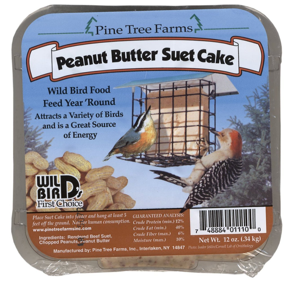 Pine Tree Farms Peanut Butter Suet Cake for wild birds, designed for year-round feeding, attracting various birds and offering a great energy source.
