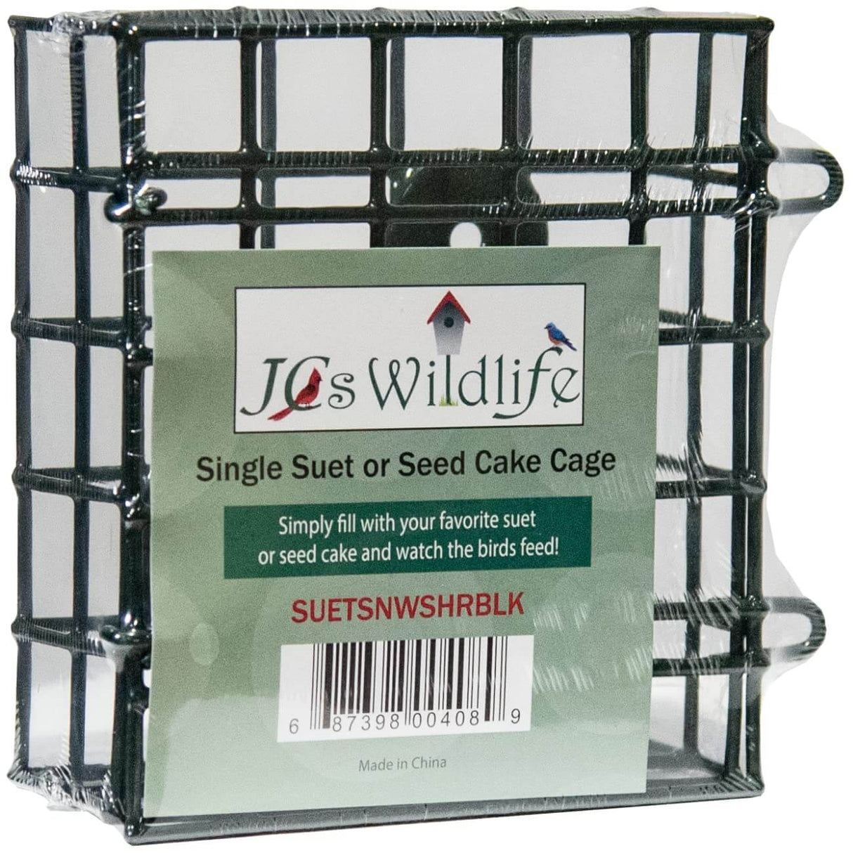 JCS Wildlife Single Suet Feeder Cage perfect for feeding birds suet or seed cakes, made with durable PVC coated wire.