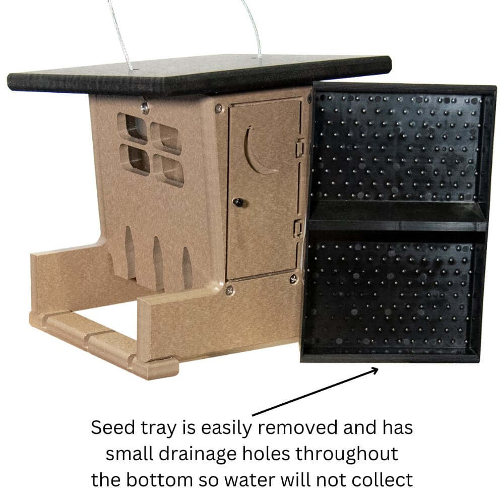 JCS Wildlife Small Outhouse Hopper Feeder featuring removable seed tray with drainage holes for easy cleaning