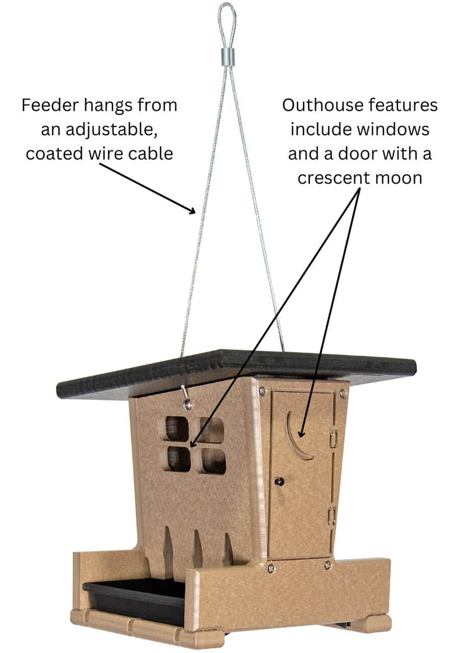 JCS Wildlife Small Outhouse Hopper Feeder with windows, crescent moon door, and adjustable cable for hanging.