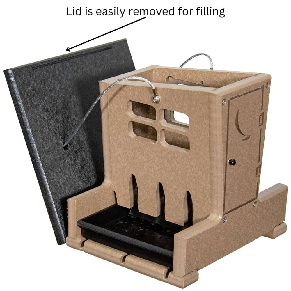 JCS Wildlife Small Outhouse Hopper Feeder with removable lid for easy filling and cleaning.