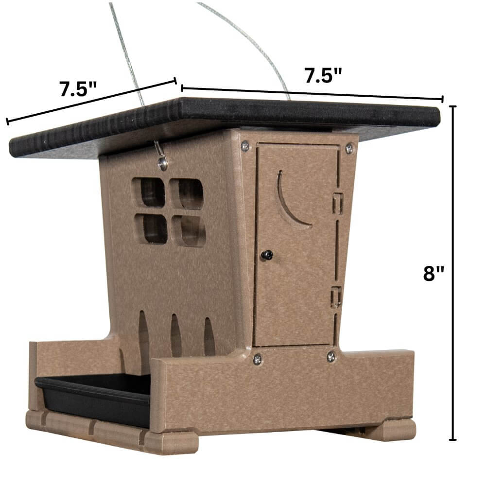 JCS Wildlife Small Outhouse Hopper Feeder with removable tray and lid, designed for birdseed, dimensions 7.5" x 7.5" x 8".