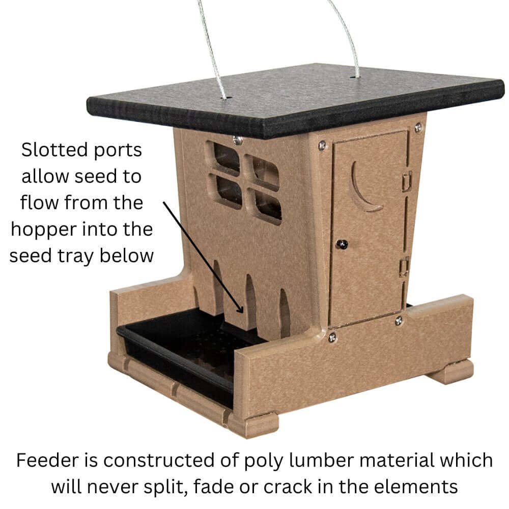 JCS Wildlife Small Outhouse Hopper Feeder showing slotted ports for seed flow and durable poly lumber construction.