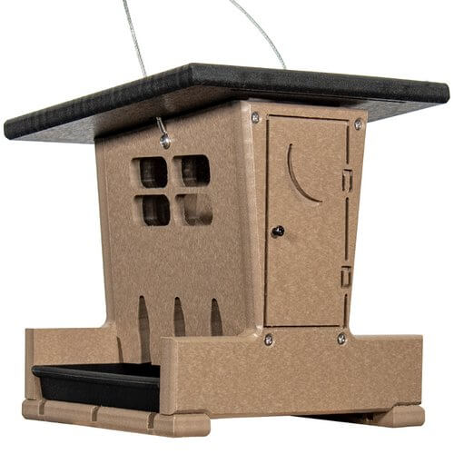 JCS Wildlife Small Outhouse Hopper Feeder, brown bird feeder with removable tray and lid, perfect for backyard birdwatching.