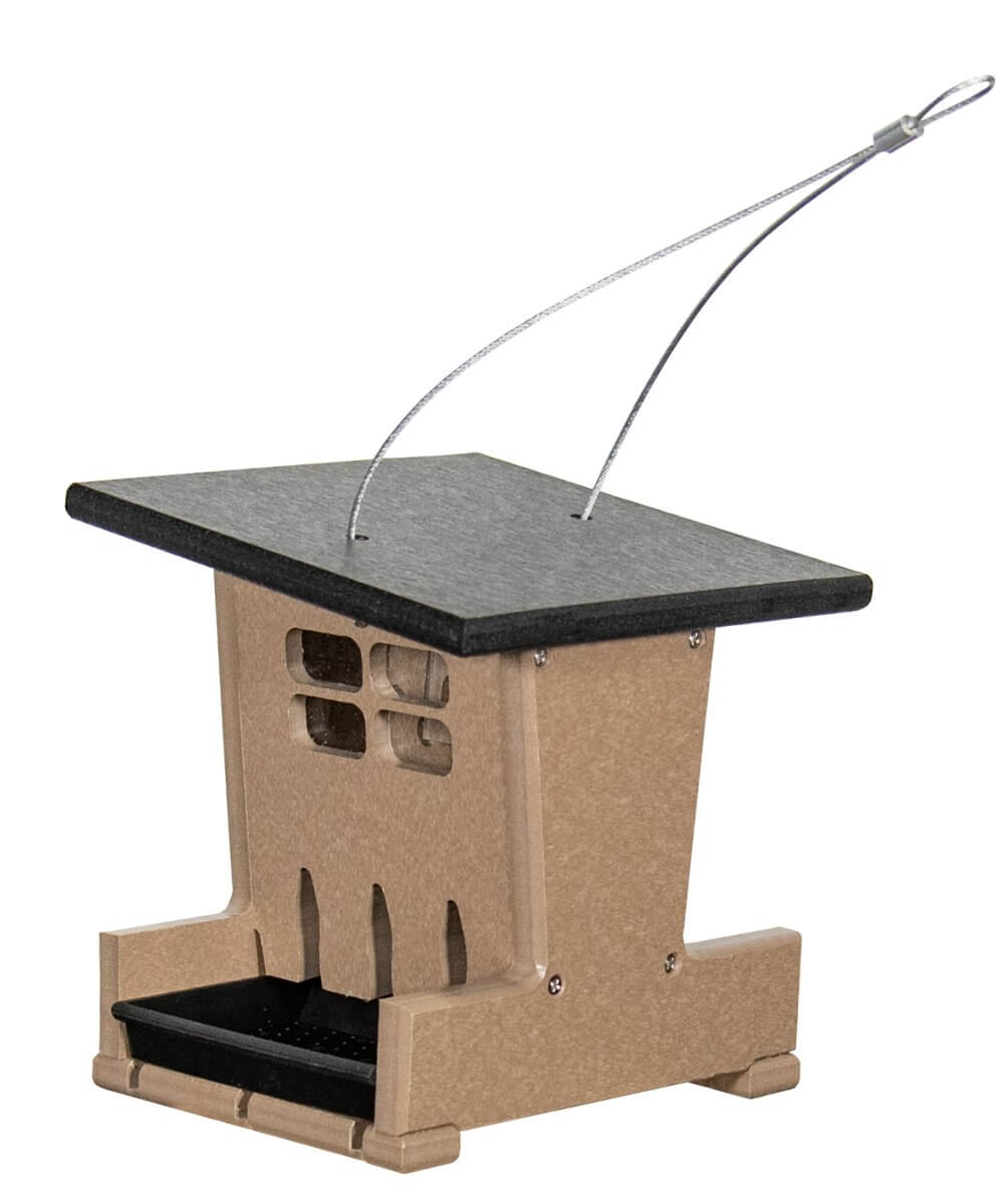 JCS Wildlife Small Outhouse Hopper Feeder designed for backyard birds, holds 3 cups of seed, removable lid and tray.