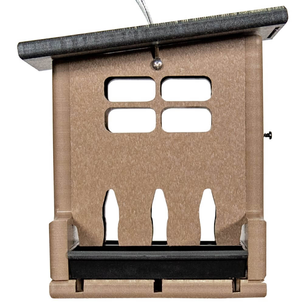 JCS Wildlife Small Outhouse Hopper Feeder with removable lid and tray, ideal for backyard birdwatching.