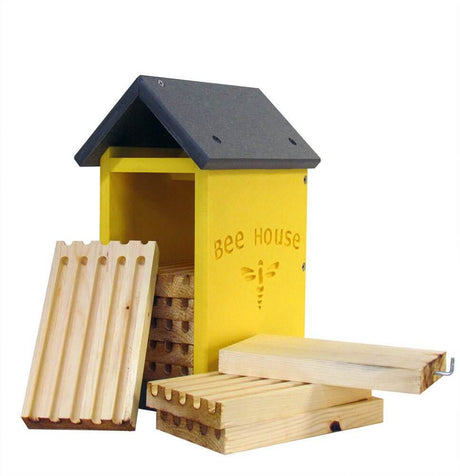 JCS Wildlife Small Poly Lumber and Pine Mason Bee House with Removable Routed Charred Pine Panels and Easy to Remove Locking Block