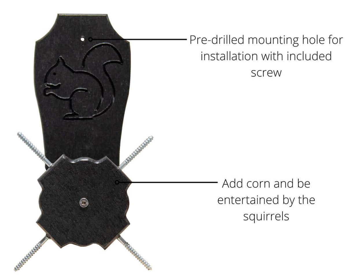 JCS Wildlife Squirrel Spinner Feeder showing pre-drilled mounting hole and installation details for entertaining squirrels.