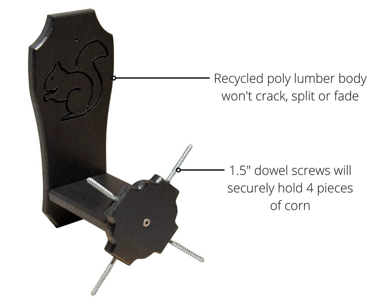 JCS Wildlife Squirrel Spinner Corn Cob Feeder features durable design and 1.5" screws to hold 4 dried corn cobs securely.