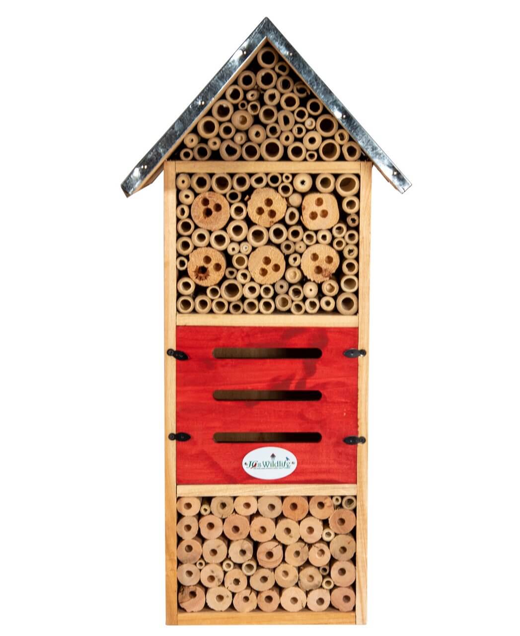 JCS Wildlife Tall Insect Hotel designed for Mason Bees, Leaf-Cutter Bees, and Lacewings with various habitats.