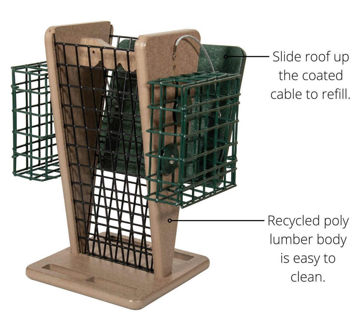 JCS Wildlife Whole Peanut Feeder with two suet cages and recycled poly lumber body, designed for easy refilling.